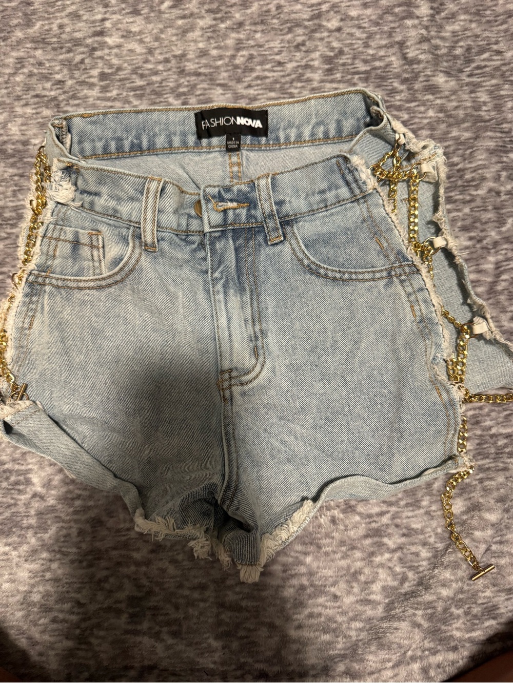 Fashion Nova Light Wash High Waist Denim Shorts with Gold Chain